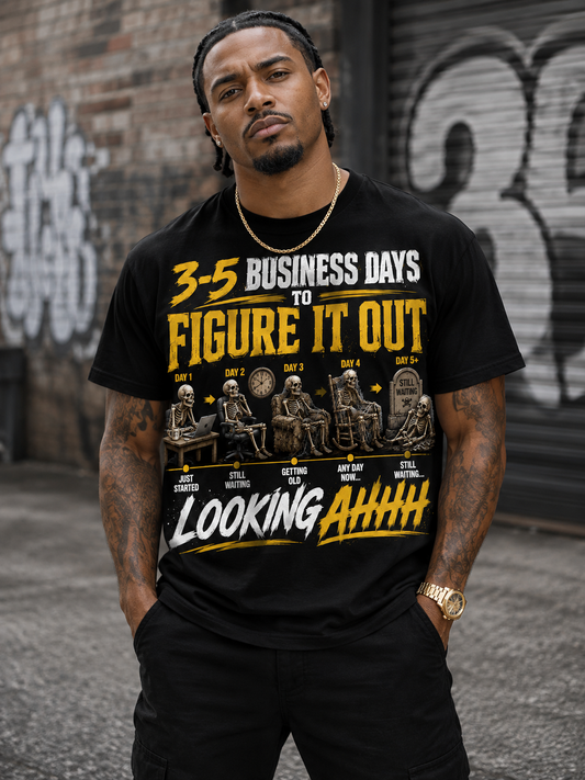 3–5 Business Days Looking Ahh Shirt – Funny Slang Skeleton Graphic Tee