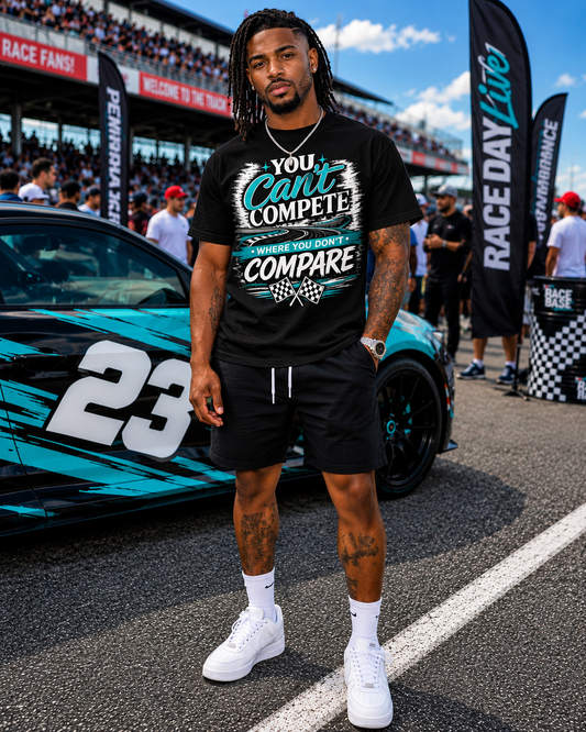 You Can’t Compete Where You Don’t Compare Racing Graphic T-Shirt – Motivational Checkered Flag Tee