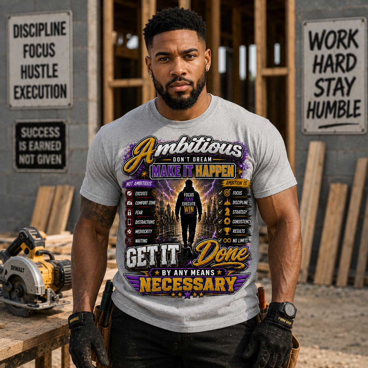 Ambitious Make It Happen Graphic T-Shirt – Get It Done By Any Means Necessary Motivational Shirt for Men and Women