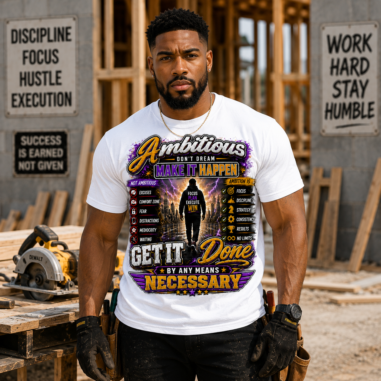Ambitious Make It Happen Graphic T-Shirt – Get It Done By Any Means Necessary Motivational Shirt for Men and Women