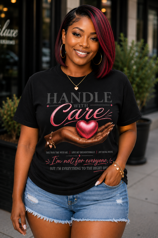 Handle With Care Graphic T-Shirt for Women | Self Love Inspirational Tee | Unconditional Love Statement Shirt | Empowerment Graphic Tee
