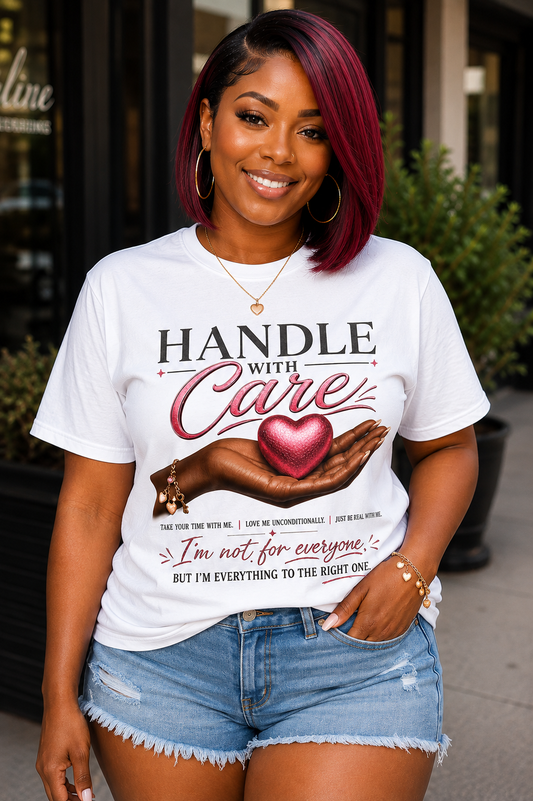 Handle With Care Graphic T-Shirt for Women | Self Love Inspirational Tee | Unconditional Love Statement Shirt | Empowerment Graphic Tee