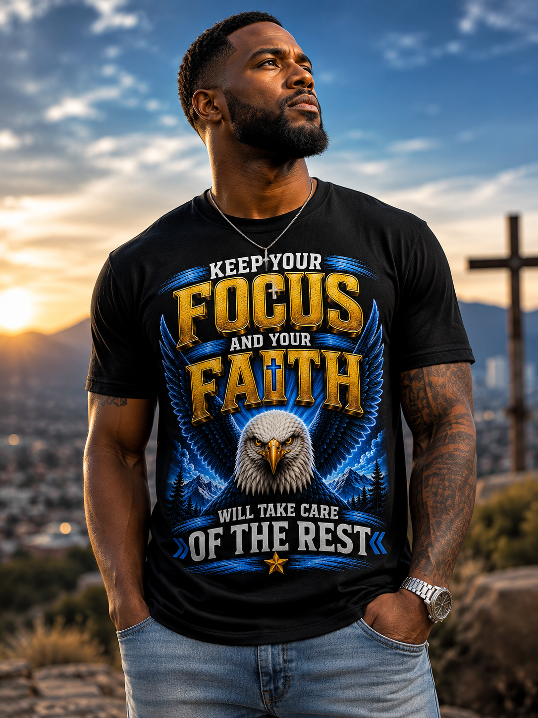 Keep Your Focus & Faith Eagle Graphic T-Shirt – Inspirational Christian Motivational Tee with Cross, Powerful Faith Message & Spiritual Eagle Design