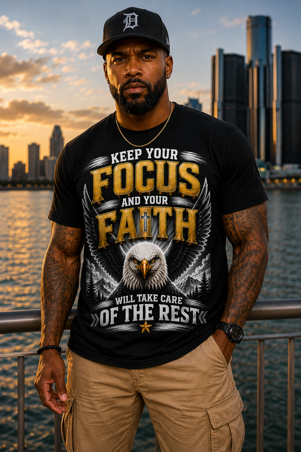 Keep Your Focus & Faith Eagle Graphic T-Shirt – Inspirational Christian Motivational Tee with Cross, Powerful Faith Message & Spiritual Eagle Design