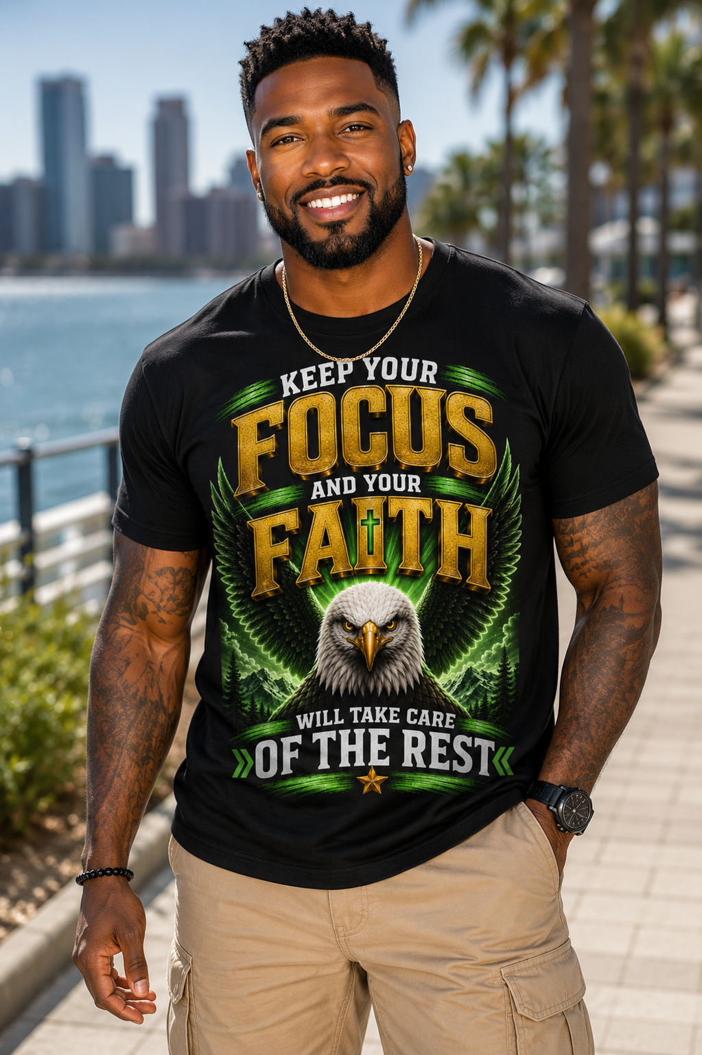 Keep Your Focus & Faith Eagle Graphic T-Shirt – Inspirational Christian Motivational Tee with Cross, Powerful Faith Message & Spiritual Eagle Design