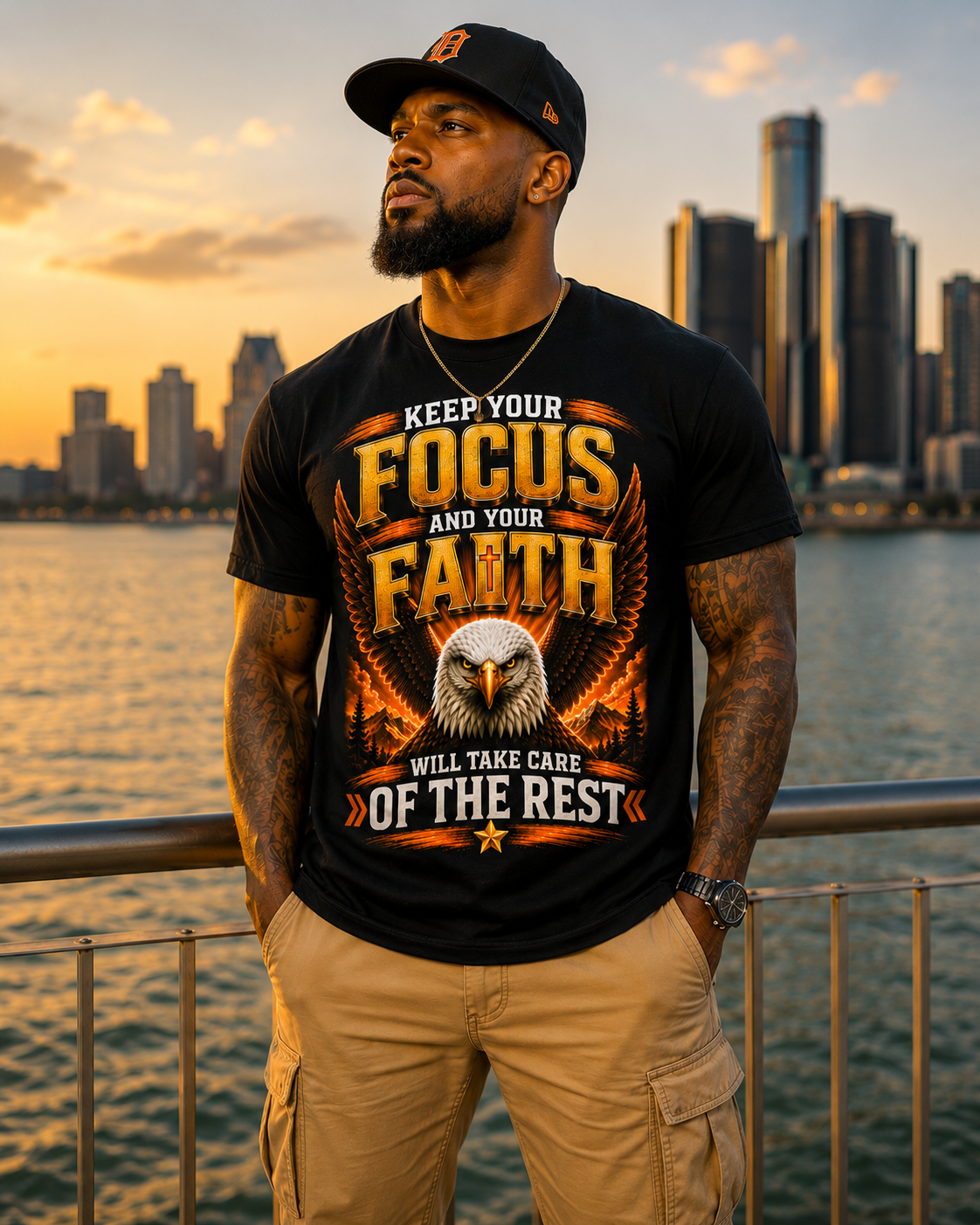 Keep Your Focus & Faith Eagle Graphic T-Shirt – Inspirational Christian Motivational Tee with Cross, Powerful Faith Message & Spiritual Eagle Design