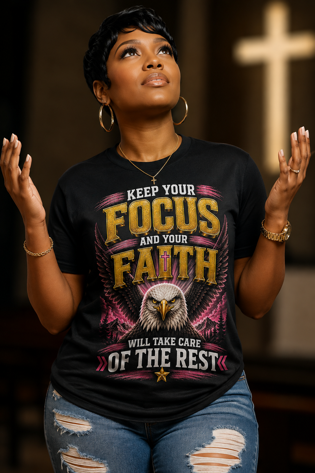 Keep Your Focus & Faith Eagle Graphic T-Shirt – Inspirational Christian Motivational Tee with Cross, Powerful Faith Message & Spiritual Eagle Design