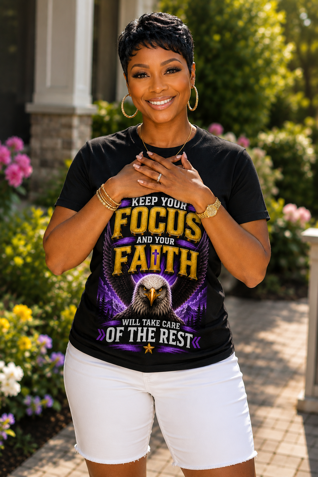 Keep Your Focus & Faith Eagle Graphic T-Shirt – Inspirational Christian Motivational Tee with Cross, Powerful Faith Message & Spiritual Eagle Design