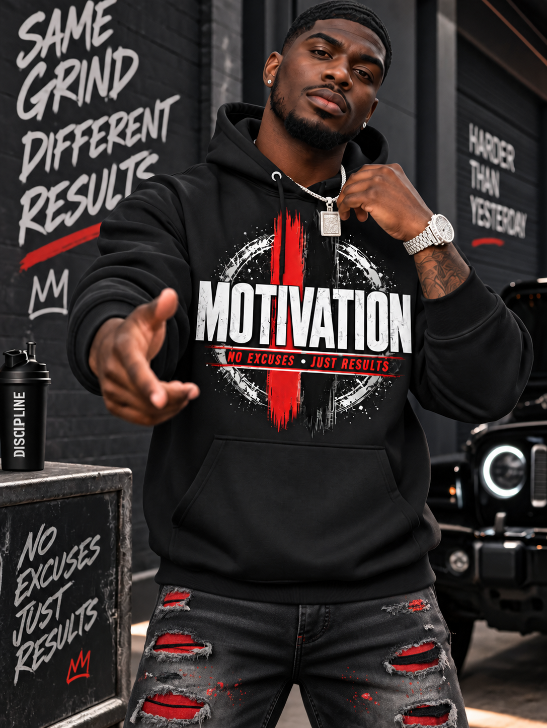 Motivation No Excuses Just Results Graphic Hoodie – Inspirational Streetwear Sweatshirt