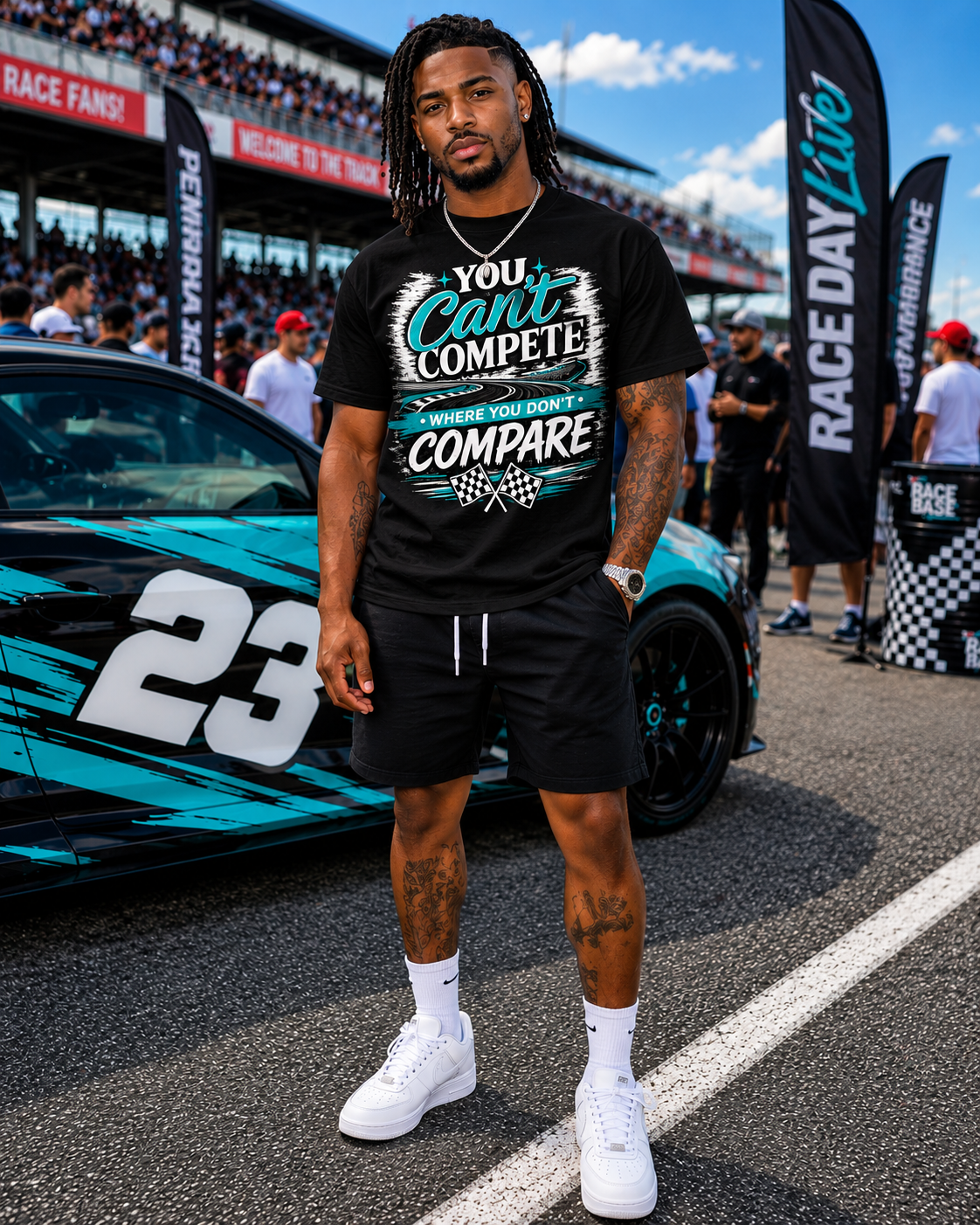 You Can’t Compete Where You Don’t Compare Racing Graphic T-Shirt – Motivational Checkered Flag Tee