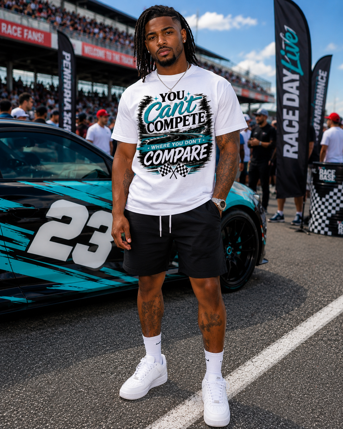 You Can’t Compete Where You Don’t Compare Racing Graphic T-Shirt – Motivational Checkered Flag Tee